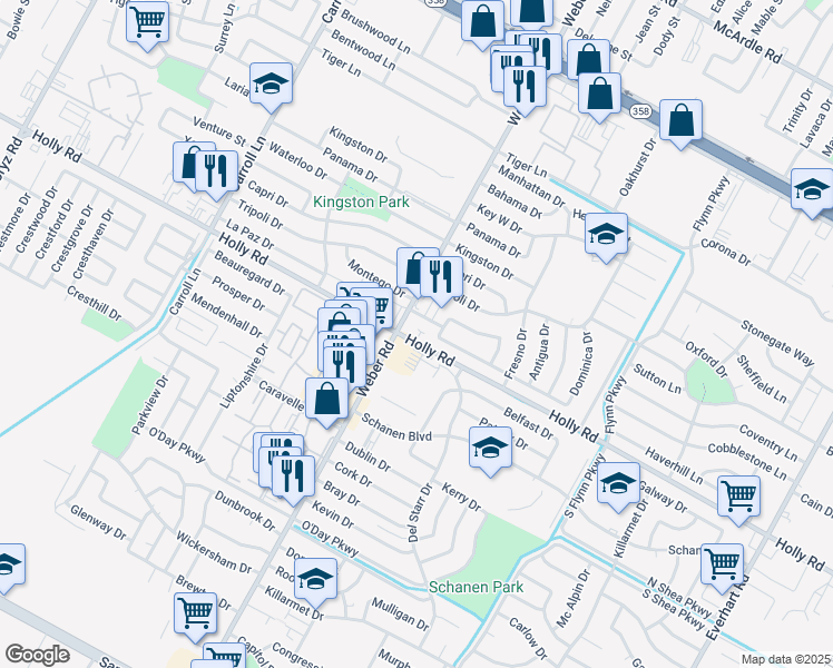 map of restaurants, bars, coffee shops, grocery stores, and more near 5656 Weber Road in Corpus Christi