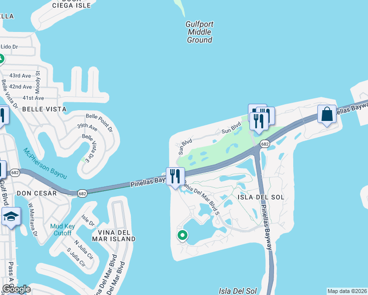 map of restaurants, bars, coffee shops, grocery stores, and more near 6210 Sun Boulevard in St. Petersburg