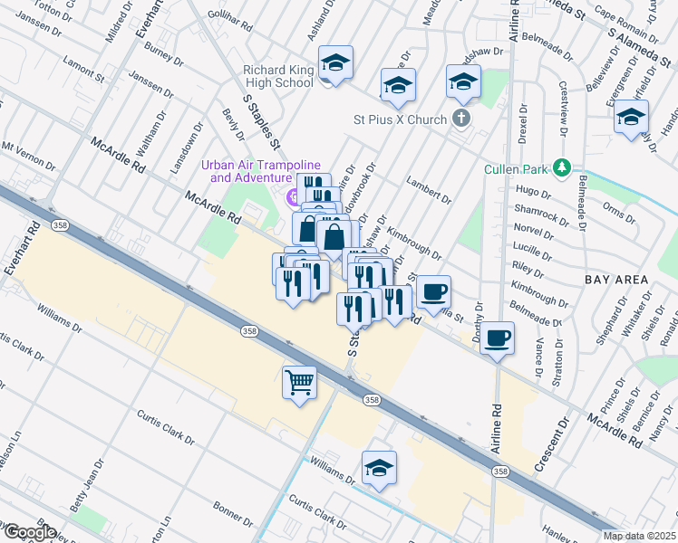map of restaurants, bars, coffee shops, grocery stores, and more near 1142 Bradshaw Drive in Corpus Christi