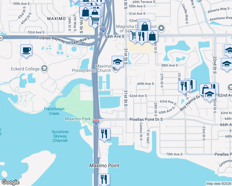 map of restaurants, bars, coffee shops, grocery stores, and more near 3207 Nautical Place South in St. Petersburg