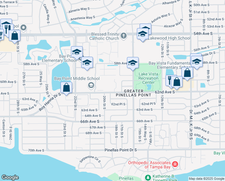 map of restaurants, bars, coffee shops, grocery stores, and more near 6173 18th Street South in St. Petersburg