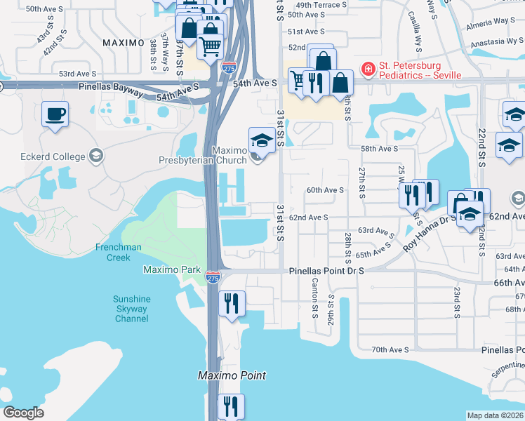 map of restaurants, bars, coffee shops, grocery stores, and more near 6107 Anchorage Way South in St. Petersburg