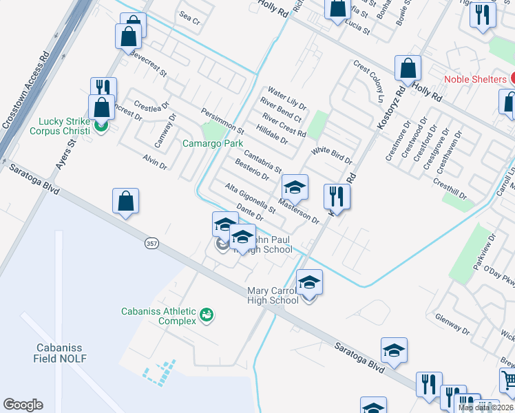 map of restaurants, bars, coffee shops, grocery stores, and more near 3033 Alta Gigonella Street in Corpus Christi