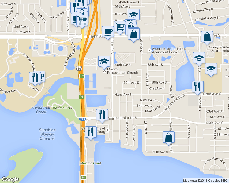 map of restaurants, bars, coffee shops, grocery stores, and more near 6155 30th Court South in St. Petersburg