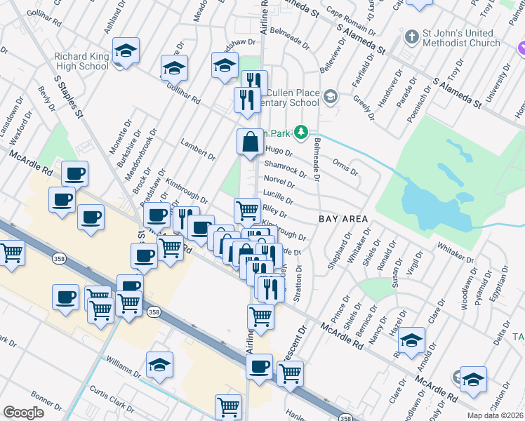 map of restaurants, bars, coffee shops, grocery stores, and more near 5807 Riley Drive in Corpus Christi