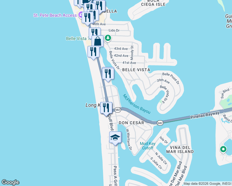 map of restaurants, bars, coffee shops, grocery stores, and more near 3610 East Maritana Drive in St. Pete Beach