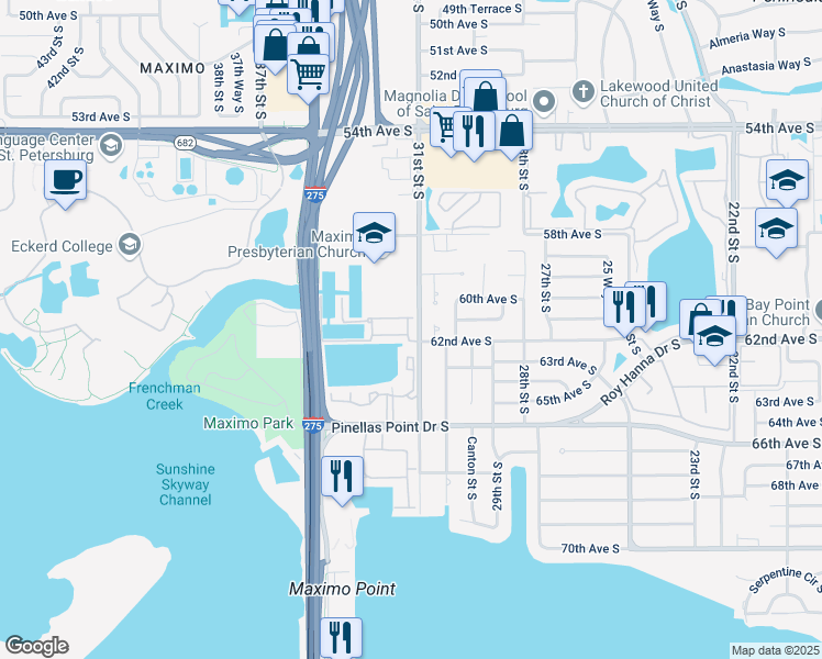 map of restaurants, bars, coffee shops, grocery stores, and more near 6124 Marina Cove Way South in St. Petersburg
