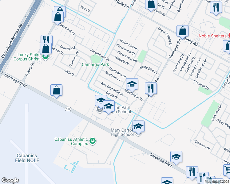 map of restaurants, bars, coffee shops, grocery stores, and more near 3033 Alta Gigonella Street in Corpus Christi