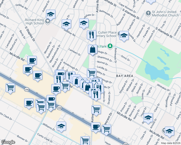 map of restaurants, bars, coffee shops, grocery stores, and more near 5730 Kimbrough Drive in Corpus Christi