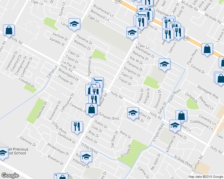 map of restaurants, bars, coffee shops, grocery stores, and more near 5656 Weber Road in Corpus Christi