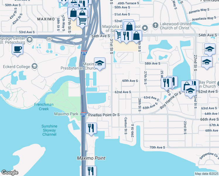 map of restaurants, bars, coffee shops, grocery stores, and more near 6124 Marina Cove Way South in St. Petersburg