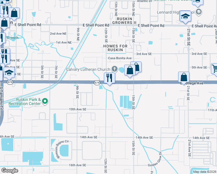 map of restaurants, bars, coffee shops, grocery stores, and more near 1201 East College Avenue in Ruskin