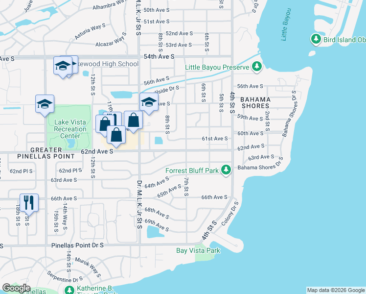 map of restaurants, bars, coffee shops, grocery stores, and more near 701 62nd Avenue South in St. Petersburg