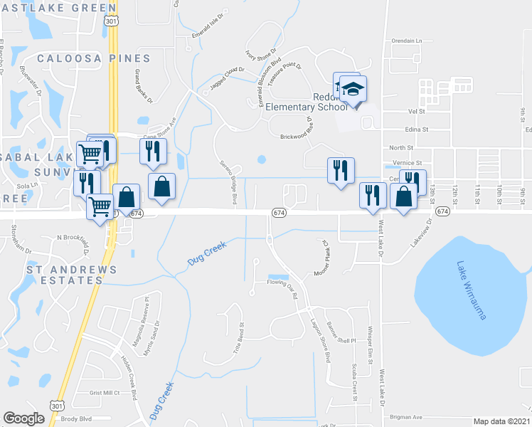 map of restaurants, bars, coffee shops, grocery stores, and more near 5111 Florida 674 in Wimauma