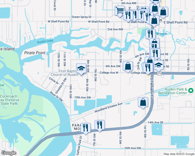map of restaurants, bars, coffee shops, grocery stores, and more near 618 College Avenue West in Ruskin