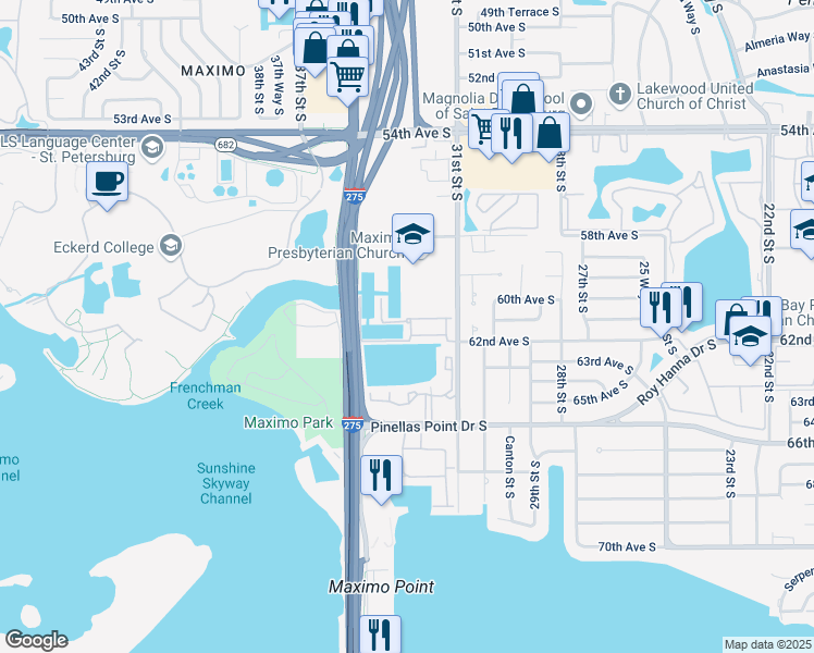 map of restaurants, bars, coffee shops, grocery stores, and more near 6107 Anchorage Way South in St. Petersburg