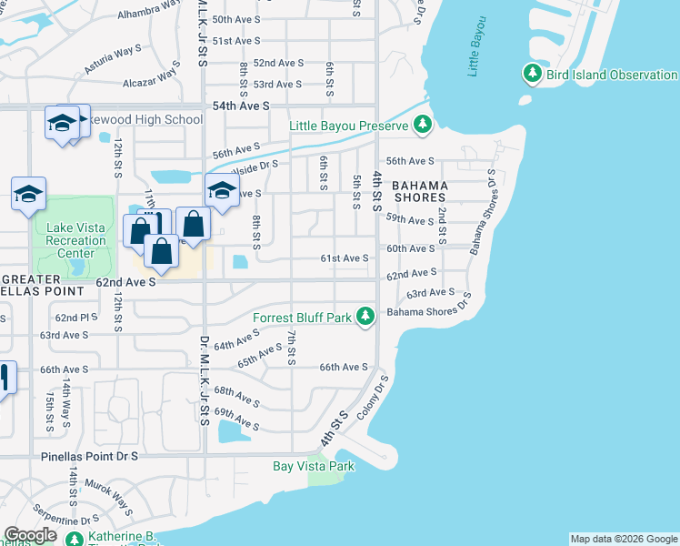 map of restaurants, bars, coffee shops, grocery stores, and more near 541 62nd Avenue South in St. Petersburg