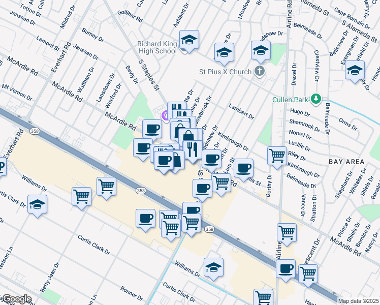 map of restaurants, bars, coffee shops, grocery stores, and more near 5428 McArdle Road in Corpus Christi
