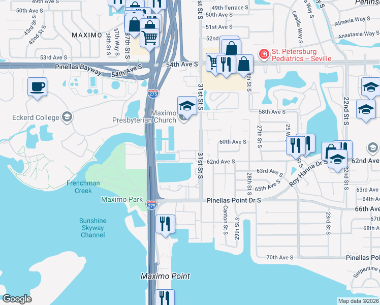 map of restaurants, bars, coffee shops, grocery stores, and more near 6124 Marina Cove Way South in St. Petersburg