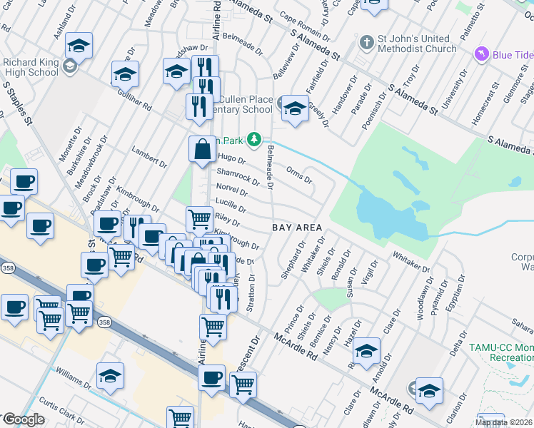 map of restaurants, bars, coffee shops, grocery stores, and more near 5930 Lucille Drive in Corpus Christi
