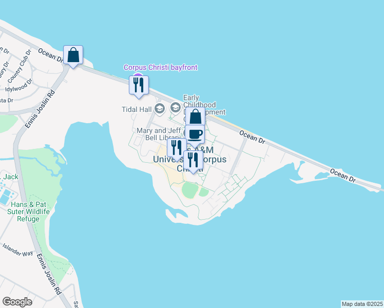 map of restaurants, bars, coffee shops, grocery stores, and more near Ocean Drive in Corpus Christi
