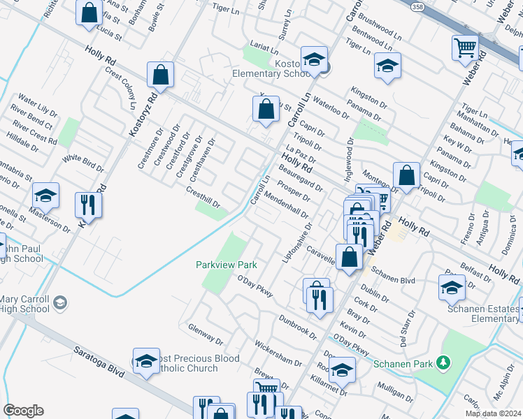 map of restaurants, bars, coffee shops, grocery stores, and more near 5841 Carroll Lane in Corpus Christi