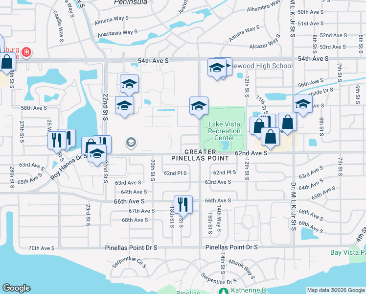 map of restaurants, bars, coffee shops, grocery stores, and more near 6100 17th Street South in St. Petersburg