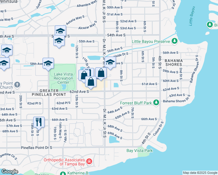 map of restaurants, bars, coffee shops, grocery stores, and more near 6141 Highland Street South in St. Petersburg