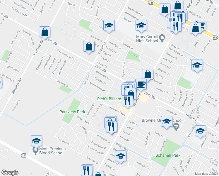 map of restaurants, bars, coffee shops, grocery stores, and more near 3733 Prosper Drive in Corpus Christi