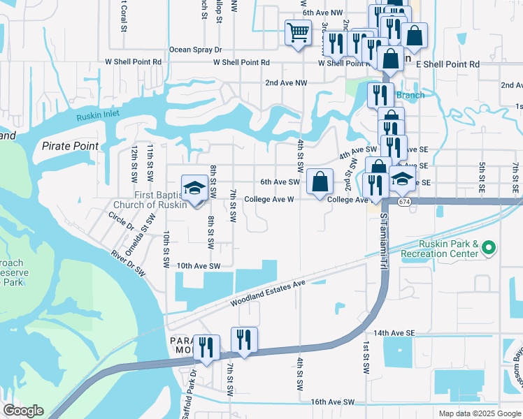 map of restaurants, bars, coffee shops, grocery stores, and more near 512 College Avenue West in Ruskin