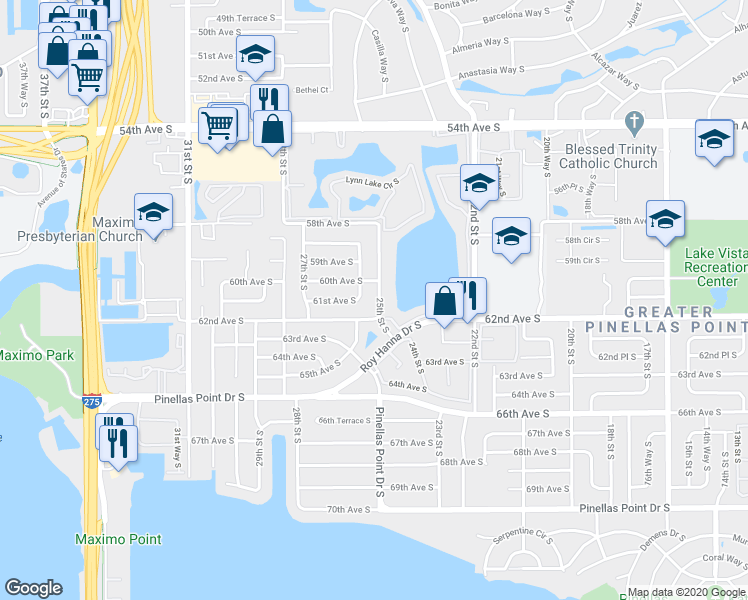 map of restaurants, bars, coffee shops, grocery stores, and more near 6184 Lynn Lake Drive South in St. Petersburg
