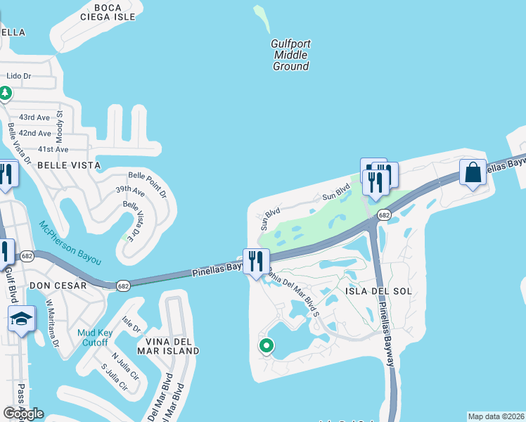 map of restaurants, bars, coffee shops, grocery stores, and more near 6265 Sun Boulevard in St. Petersburg