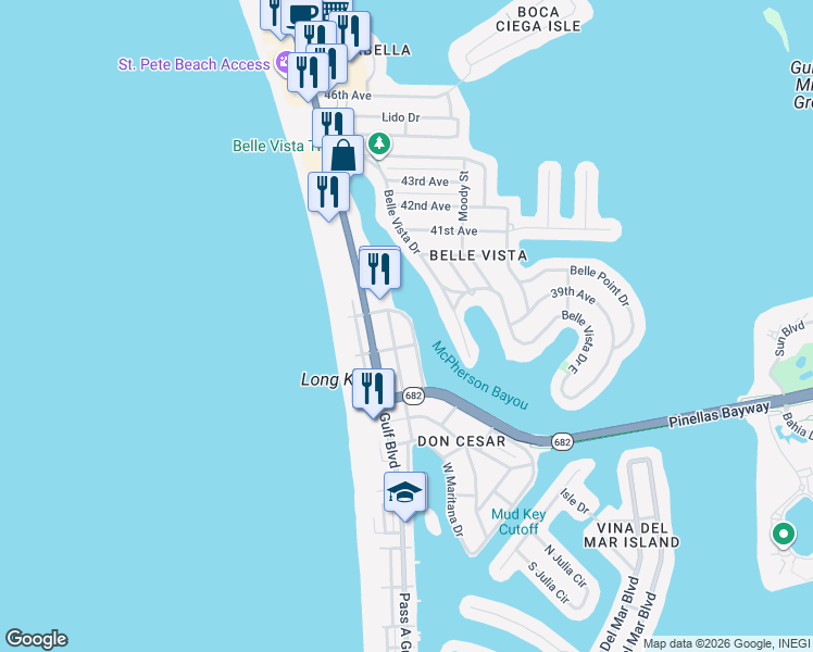 map of restaurants, bars, coffee shops, grocery stores, and more near 3610 East Maritana Drive in St. Pete Beach