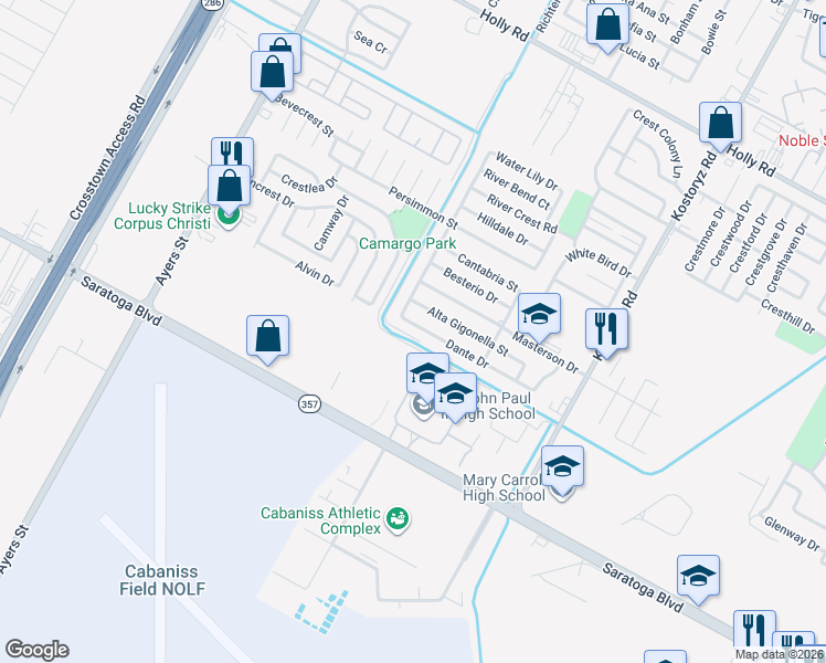 map of restaurants, bars, coffee shops, grocery stores, and more near 2921 Dante Drive in Corpus Christi