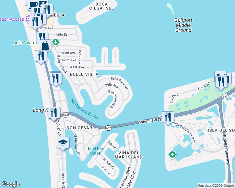 map of restaurants, bars, coffee shops, grocery stores, and more near 3755 Belle Vista Drive East in St. Pete Beach