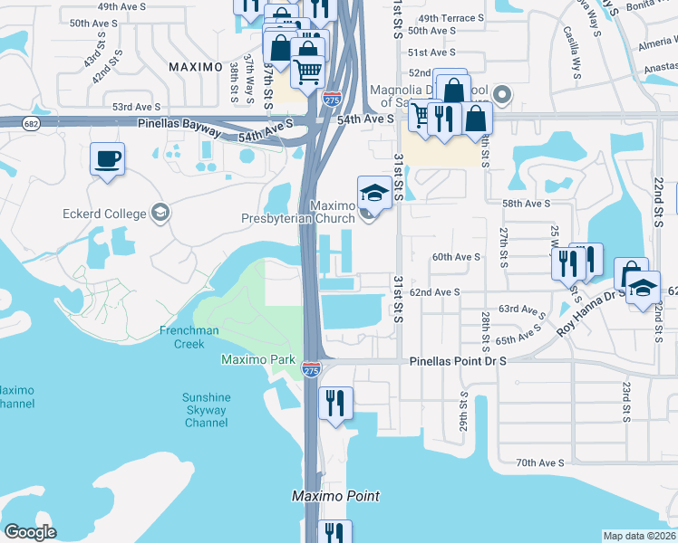 map of restaurants, bars, coffee shops, grocery stores, and more near 6125 Moorings Drive South in St. Petersburg
