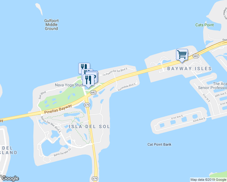 map of restaurants, bars, coffee shops, grocery stores, and more near 5700 Escondida Boulevard South in St. Petersburg