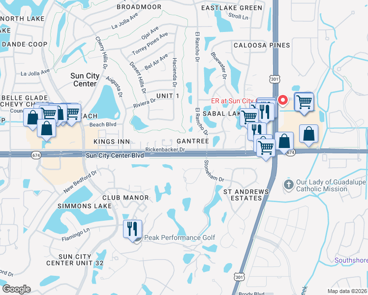 map of restaurants, bars, coffee shops, grocery stores, and more near 211 Rickenbacker Drive in Sun City Center