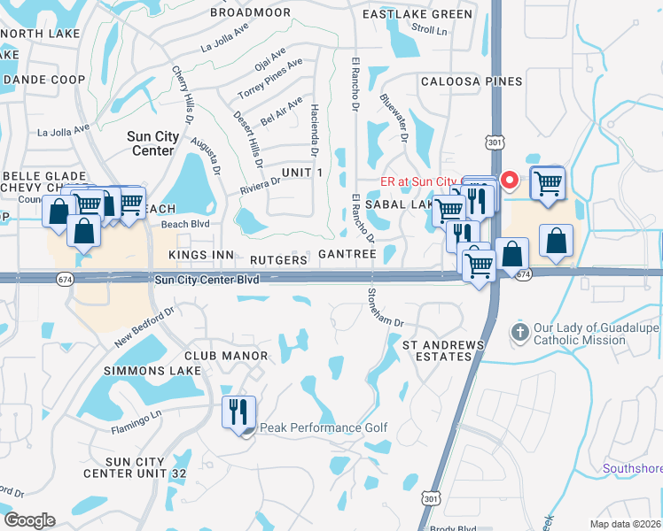 map of restaurants, bars, coffee shops, grocery stores, and more near 205 Rickenbacker Drive in Sun City Center