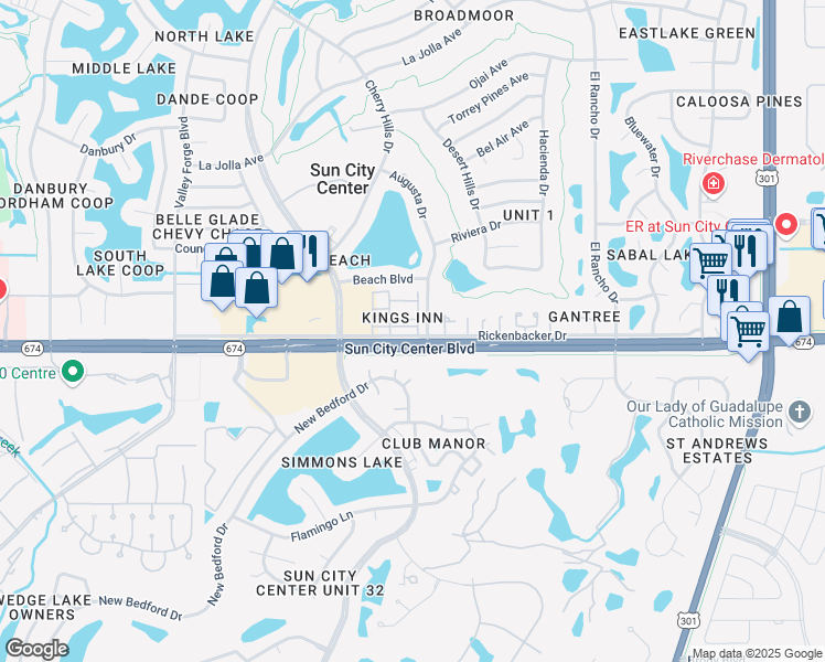 map of restaurants, bars, coffee shops, grocery stores, and more near 1003 Rickenbacker Drive in Sun City Center