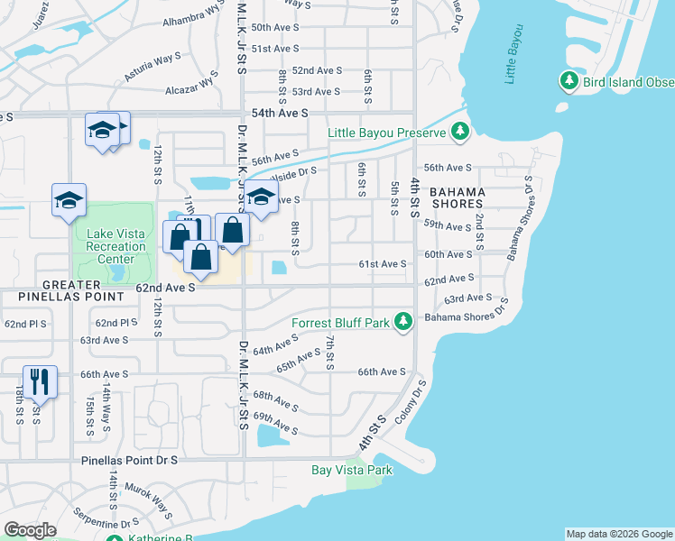 map of restaurants, bars, coffee shops, grocery stores, and more near 701 62nd Avenue South in St. Petersburg
