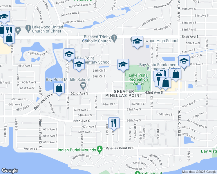 map of restaurants, bars, coffee shops, grocery stores, and more near 6100 18th Street South in Saint Petersburg