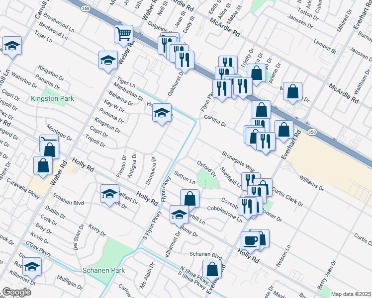 map of restaurants, bars, coffee shops, grocery stores, and more near 4325 Honduras Drive in Corpus Christi