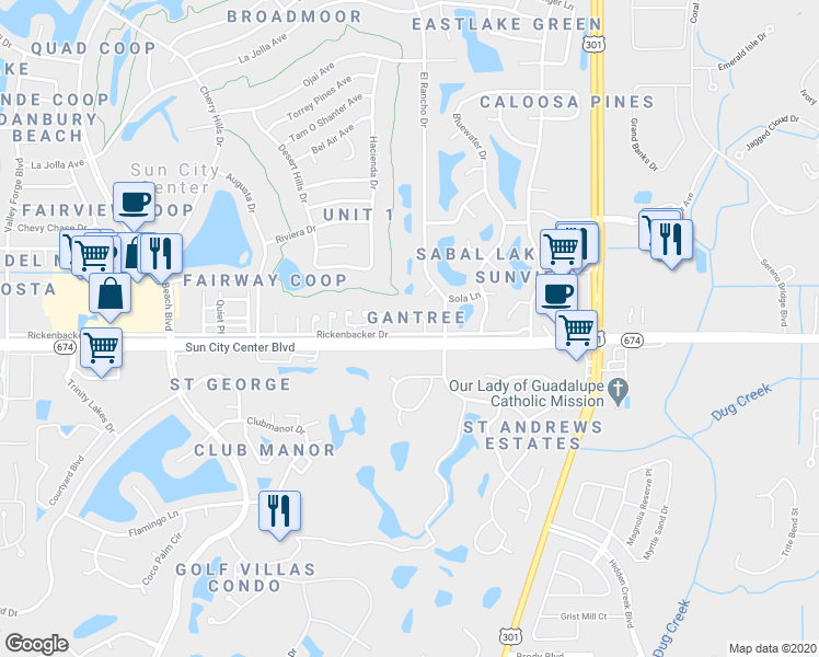 map of restaurants, bars, coffee shops, grocery stores, and more near 205 Rickenbacker Drive in Sun City Center