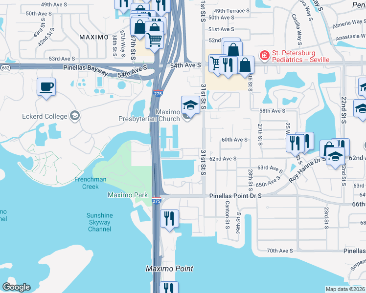 map of restaurants, bars, coffee shops, grocery stores, and more near 6107 Anchorage Way South in St. Petersburg