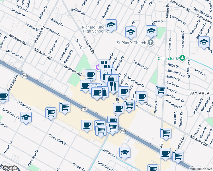 map of restaurants, bars, coffee shops, grocery stores, and more near 5428 McArdle Road in Corpus Christi