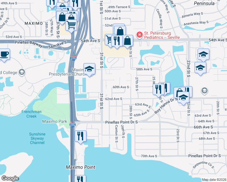 map of restaurants, bars, coffee shops, grocery stores, and more near 6101 30th Street South in St. Petersburg
