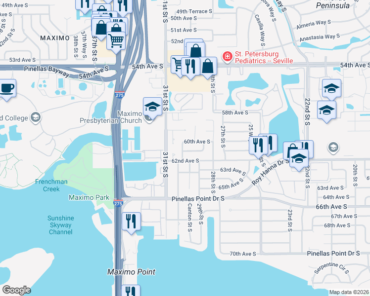 map of restaurants, bars, coffee shops, grocery stores, and more near 6101 30th Street South in St. Petersburg