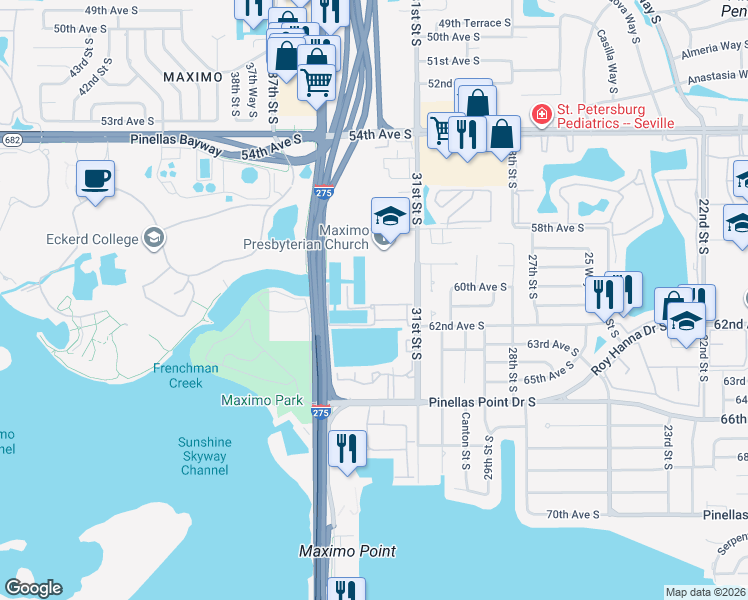 map of restaurants, bars, coffee shops, grocery stores, and more near 6107 Anchorage Way South in St. Petersburg