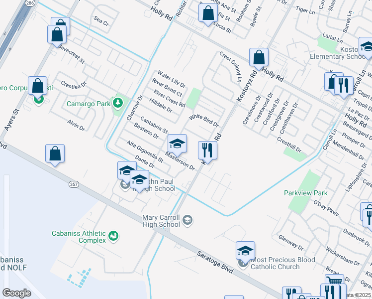 map of restaurants, bars, coffee shops, grocery stores, and more near 3126 Masterson Drive in Corpus Christi
